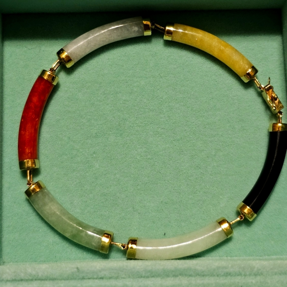 Multi Color Jade 14K Yellow Gold Bracelet ~ Chinese Character Clasp